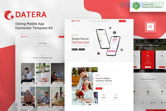 Datera – Online Dating Mobile App Landing Elementor Template Kit